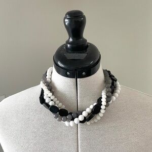Vintage 4-Strand Torsade 21" Acrylic Bead Twist Necklace Black Gray White Ivory